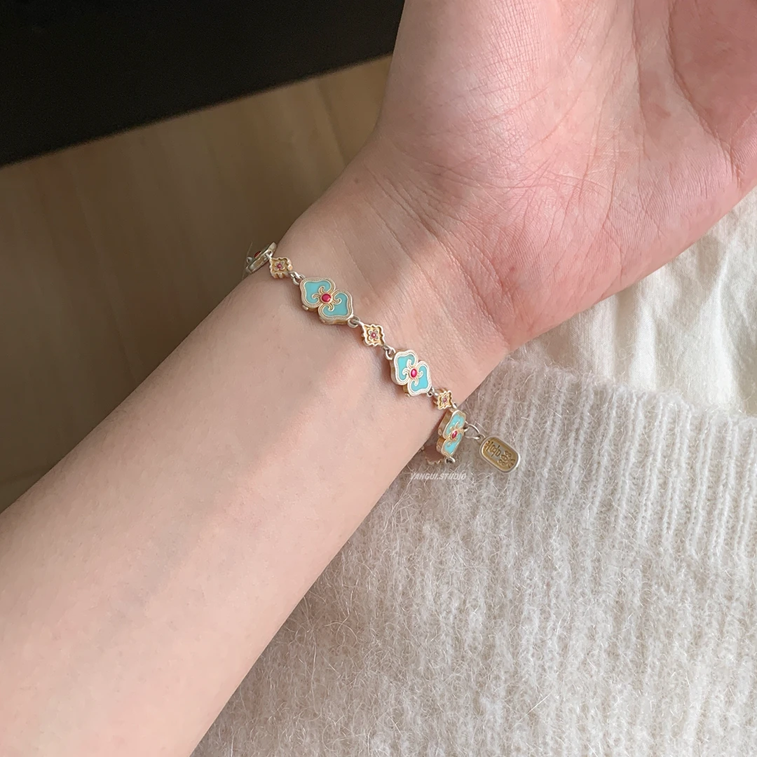 足银珐琅手链 燕归yangui“青色烟雨”足银999.9山水画青绿色手链