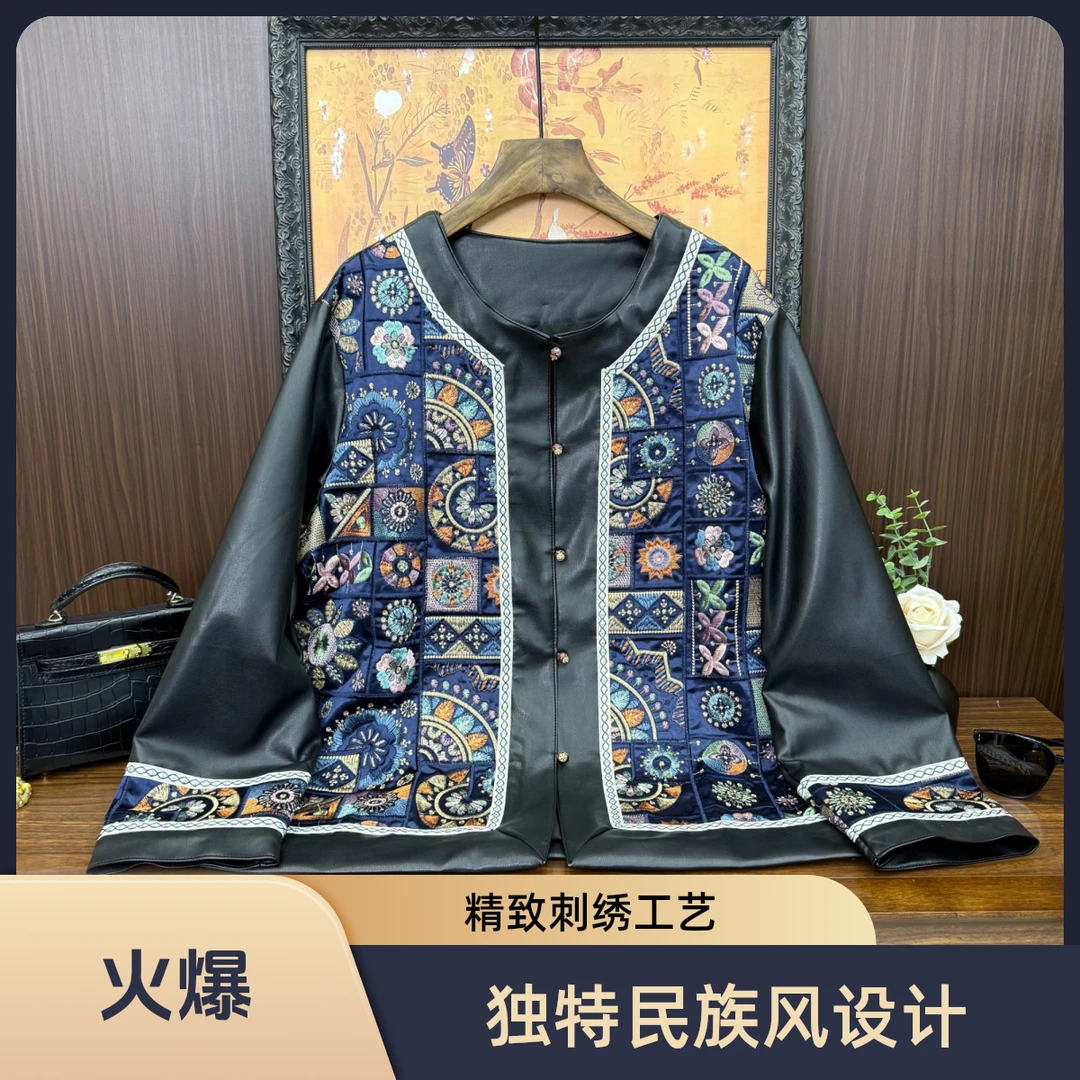 大码女装新中式国风圆领刺绣常规款上衣女装时尚复古拼接