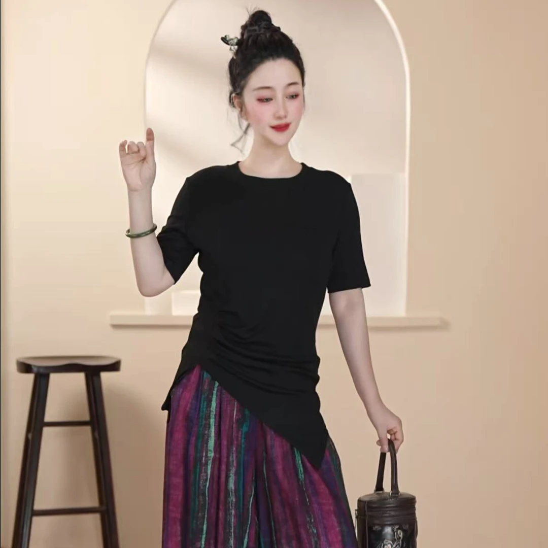 【LeiXiaoQi/雷小七】短袖上衣女夏圆领修身不规则洋气短袖t恤女潮
