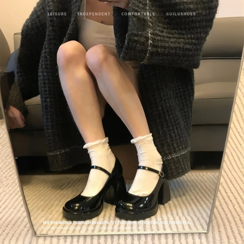 meichen/美晨法式圆头小皮鞋jk玛丽珍鞋子女粗跟单鞋防水台高跟鞋