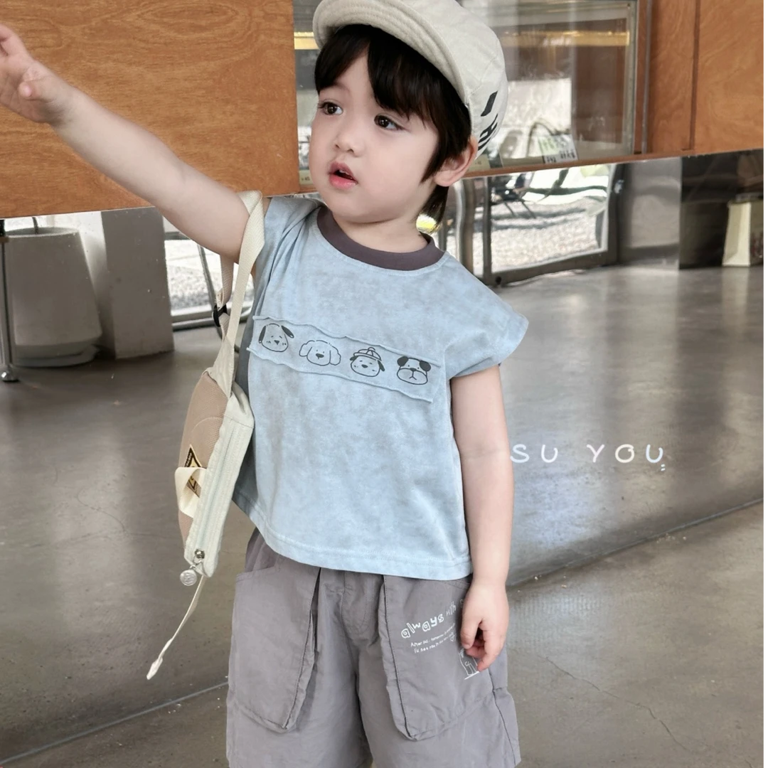 2025男童狗狗印花背心夏薄款短袖男女宝宝圆领T恤中小童夏天衣服