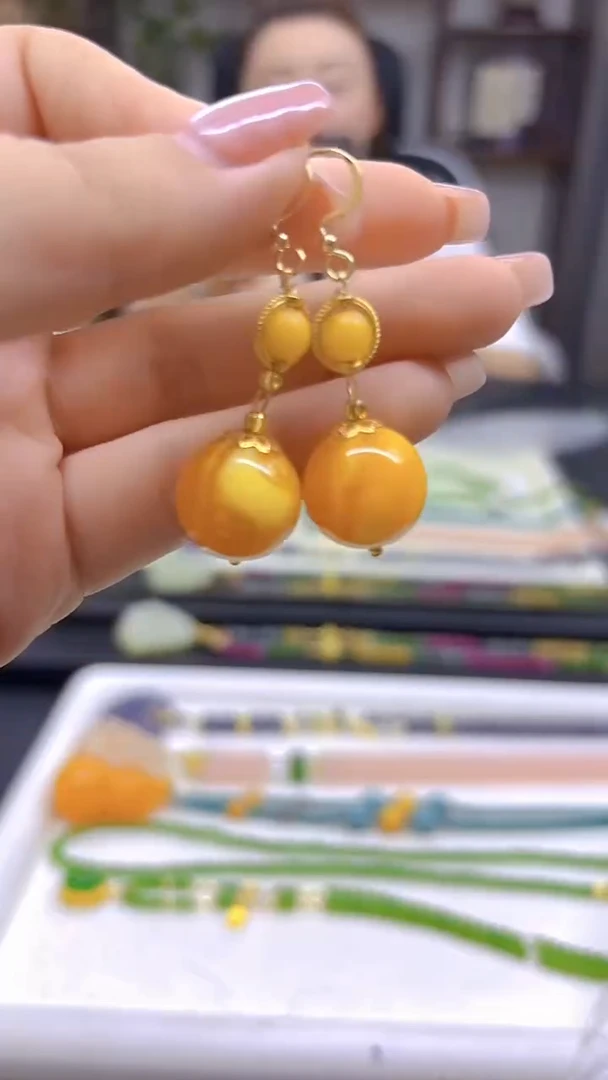 14K金镶嵌蜜蜡耳饰DIY款E496