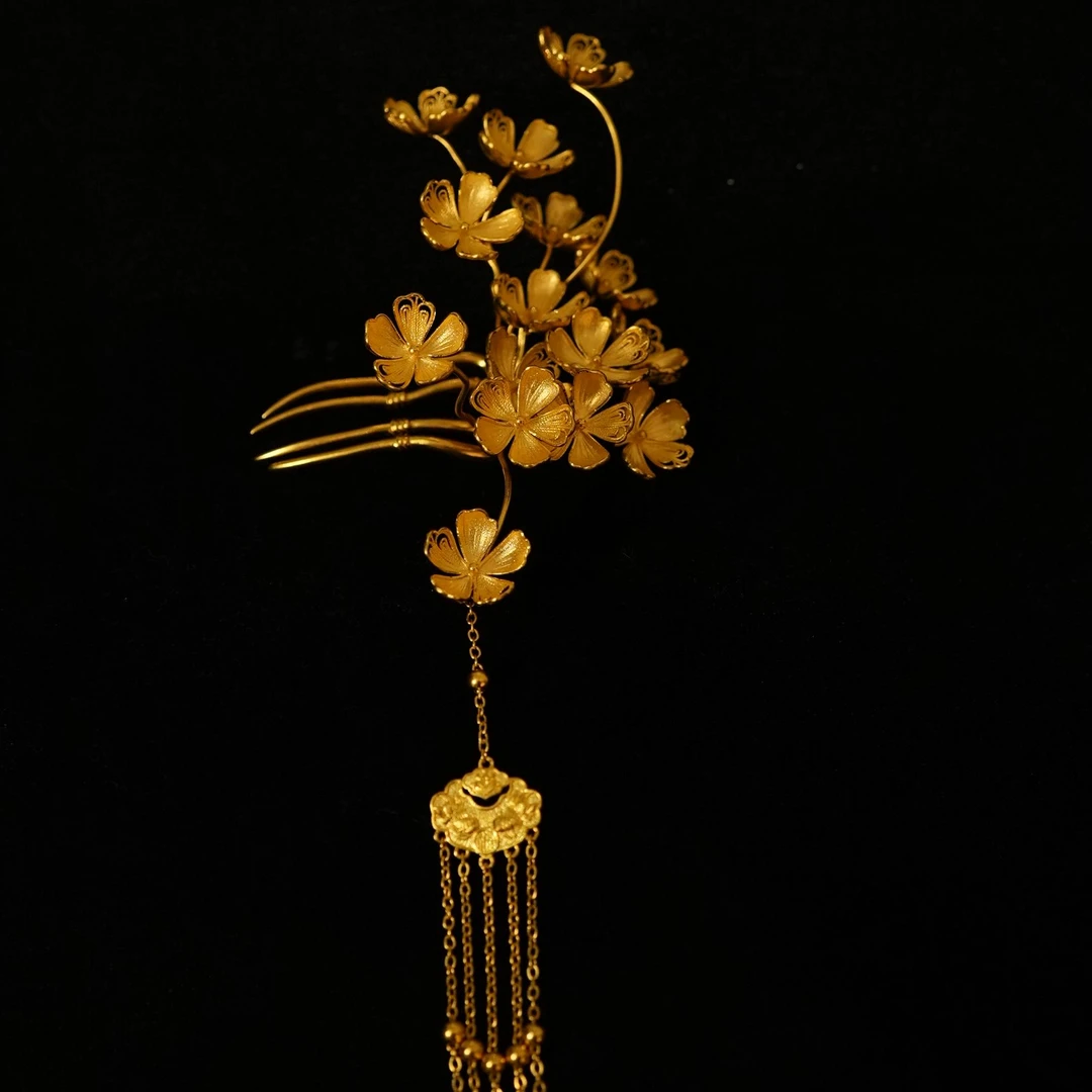 鳳喆錾刻古法精品工艺设计师款花花边钗婚嫁三金足金999