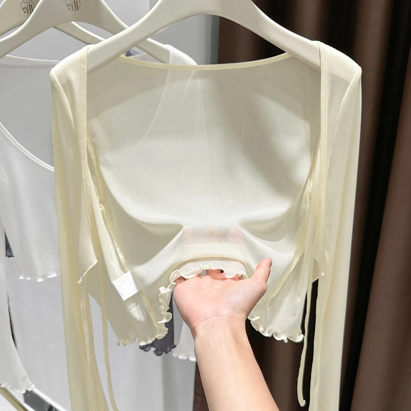 绑带v领超薄冰丝小开衫女初秋新款凉感披肩空调罩衫外穿长袖上衣