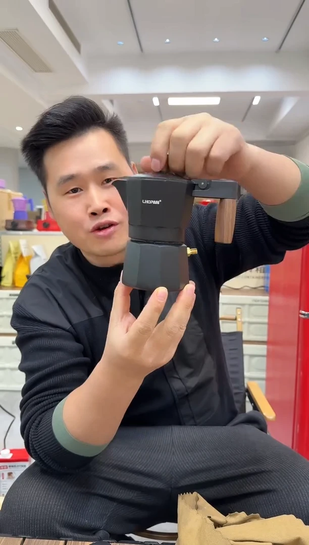 OP双阀2杯胡桃木手柄双阀摩卡咖啡壶【磨砂黑