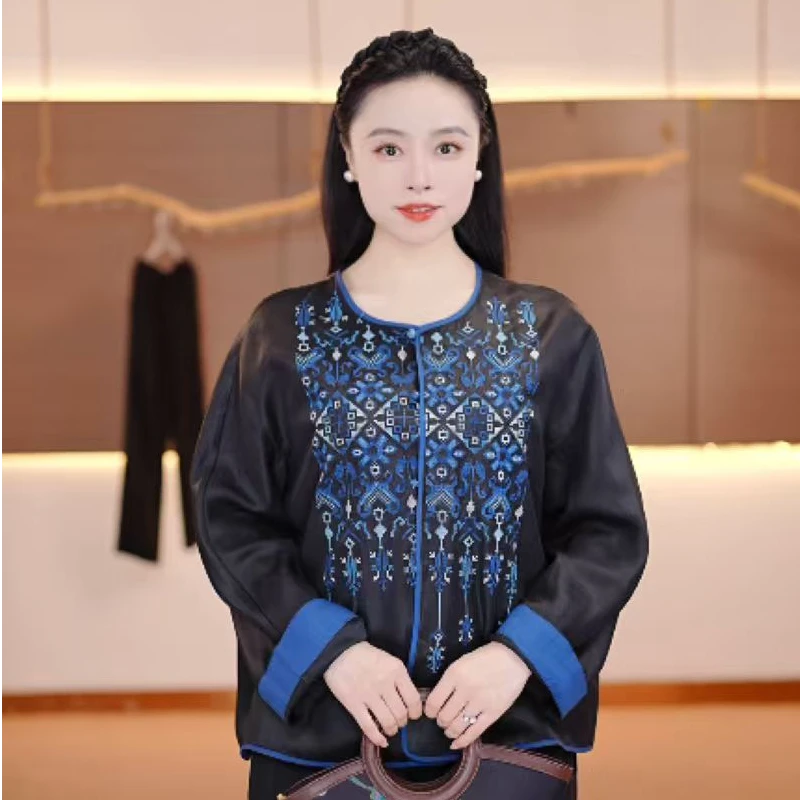 【三蓝绣 】ZY100桑蚕丝重缎皮子香云纱三蓝绣上衣外套A-YT-t24118