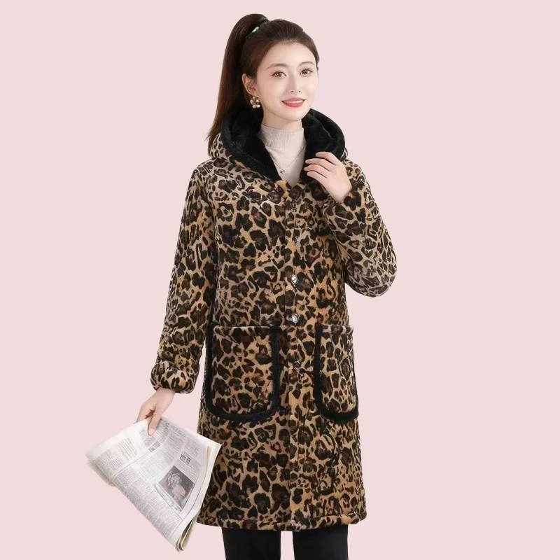 大码新款豹纹加绒加厚棉衣冬季棉袄罩衣大衣时尚居家保暖外套棉服
