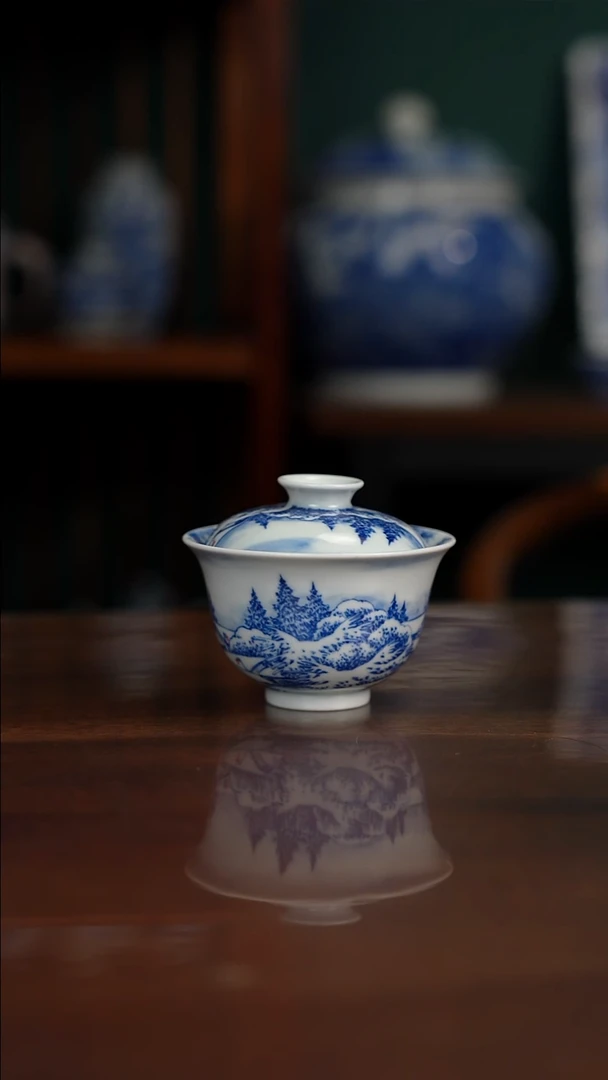 晓月窑青花雪景盖碗