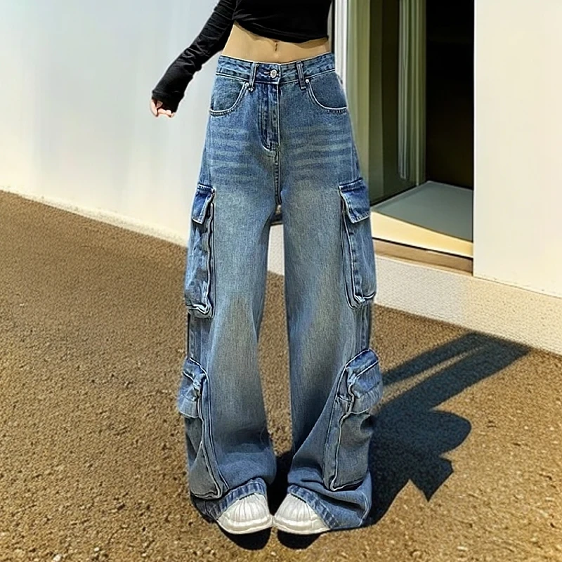 美式工装牛仔裤女2025春季新款阔腿裤复古休闲显瘦宽松直筒拖地裤