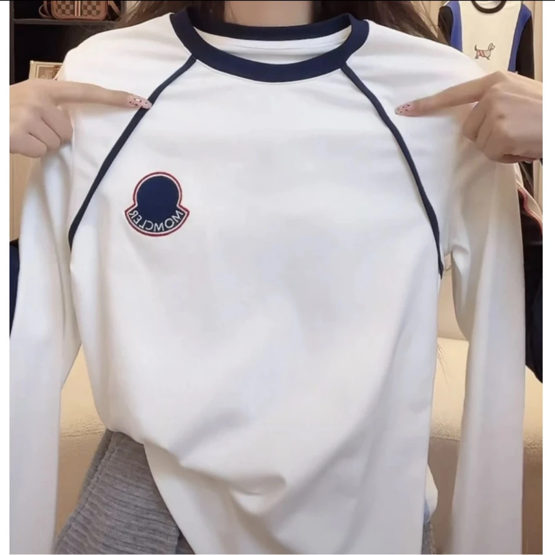 2025夏季新款女时尚小众设计感撞色拼接长袖T恤百搭简约上衣