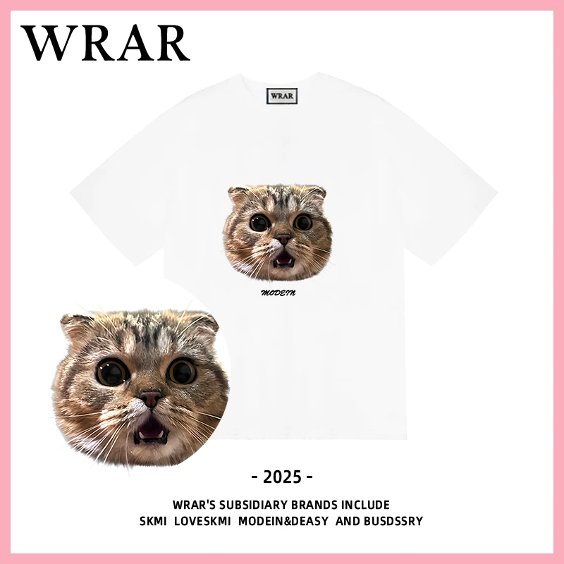 【惊讶的小猫】新品潮流夏季透气宽松T恤白色休闲情侣春夏个性印花