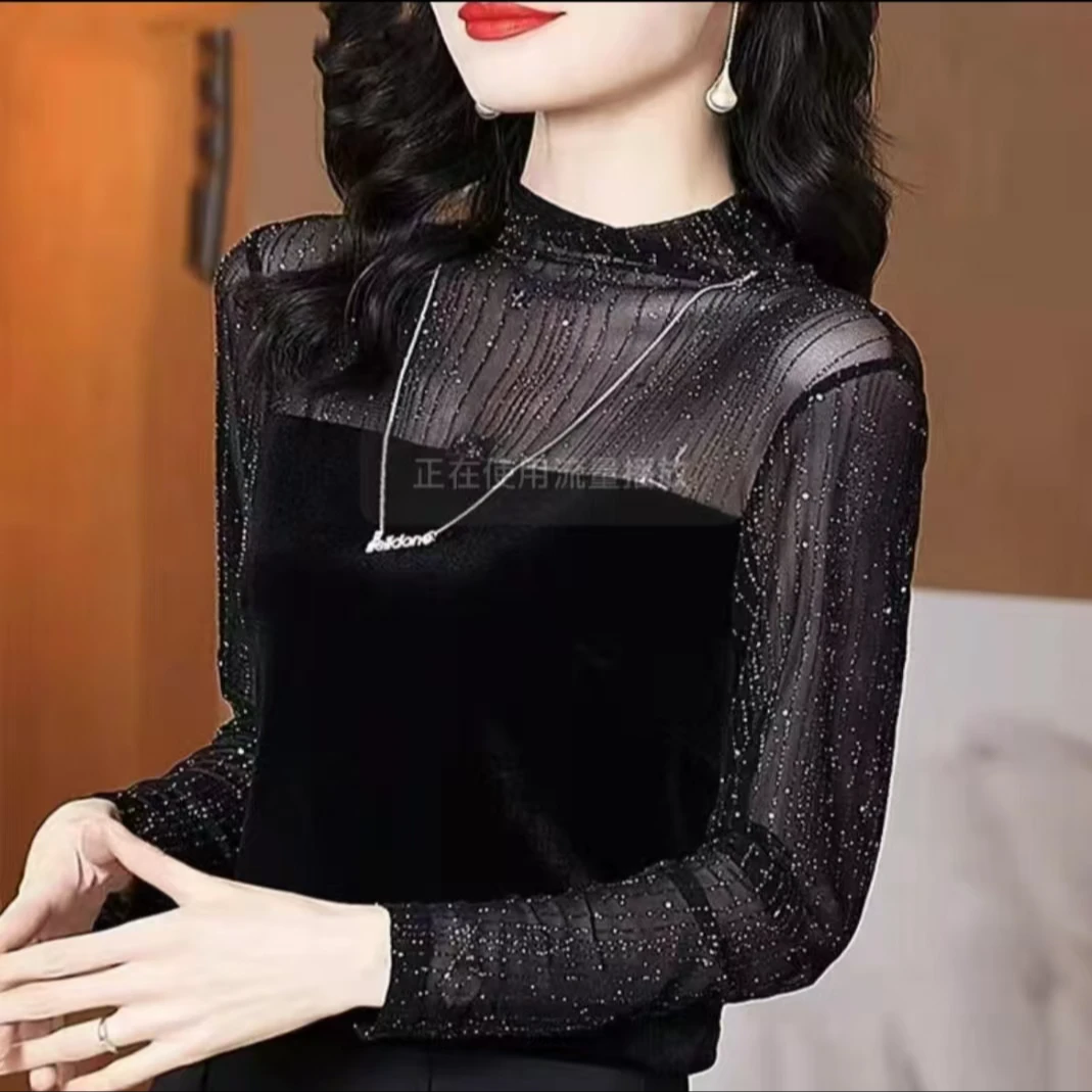 蕾丝衫女秋冬新款洋气显瘦减龄内搭外穿软纱网纱上衣打底衫