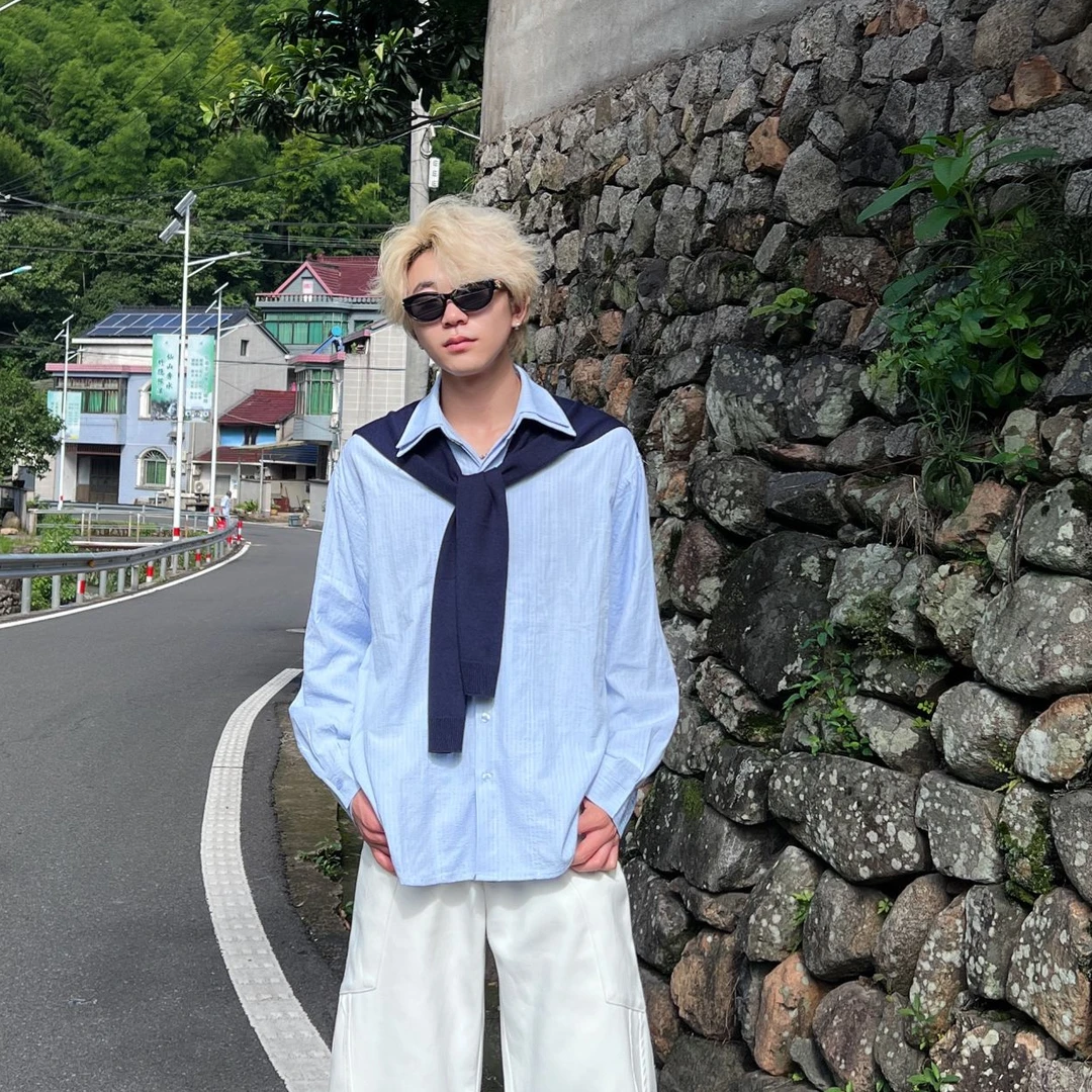 这一秒的心动可拆卸披肩时尚学院风蓝条双层长袖衬衫小众衬衣