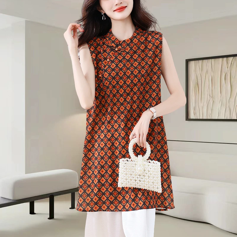 中式国风盘扣旗袍衬衫女2025夏季新款时尚中长款立领无袖背心上衣