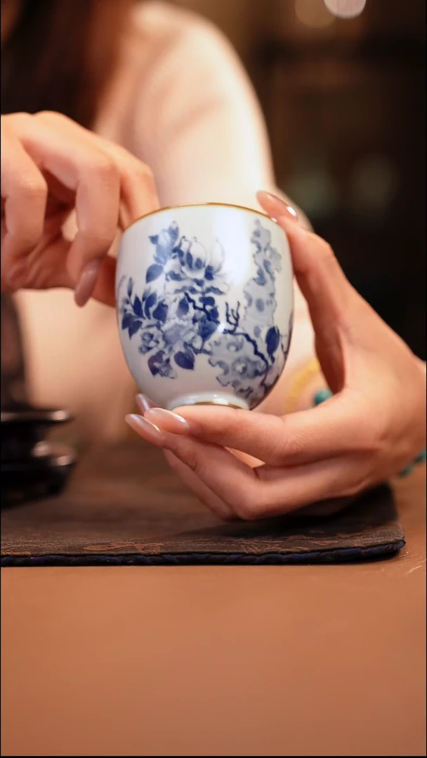 活动价 气柴窑 月影白 玉兰柱石图 手握杯