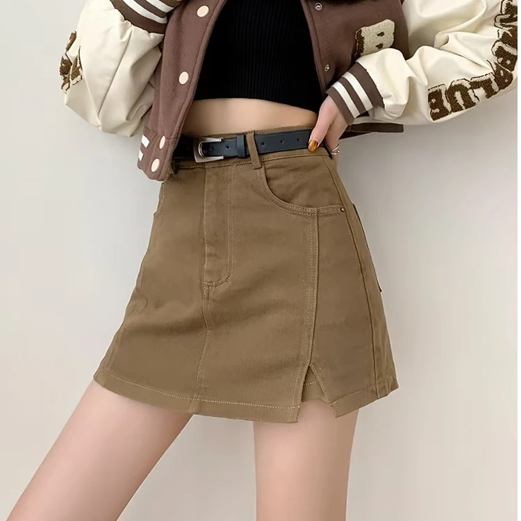 甜酷辣妹工装短裙女春秋高腰显瘦短裙弹力A字半身裙开叉休闲裤裙