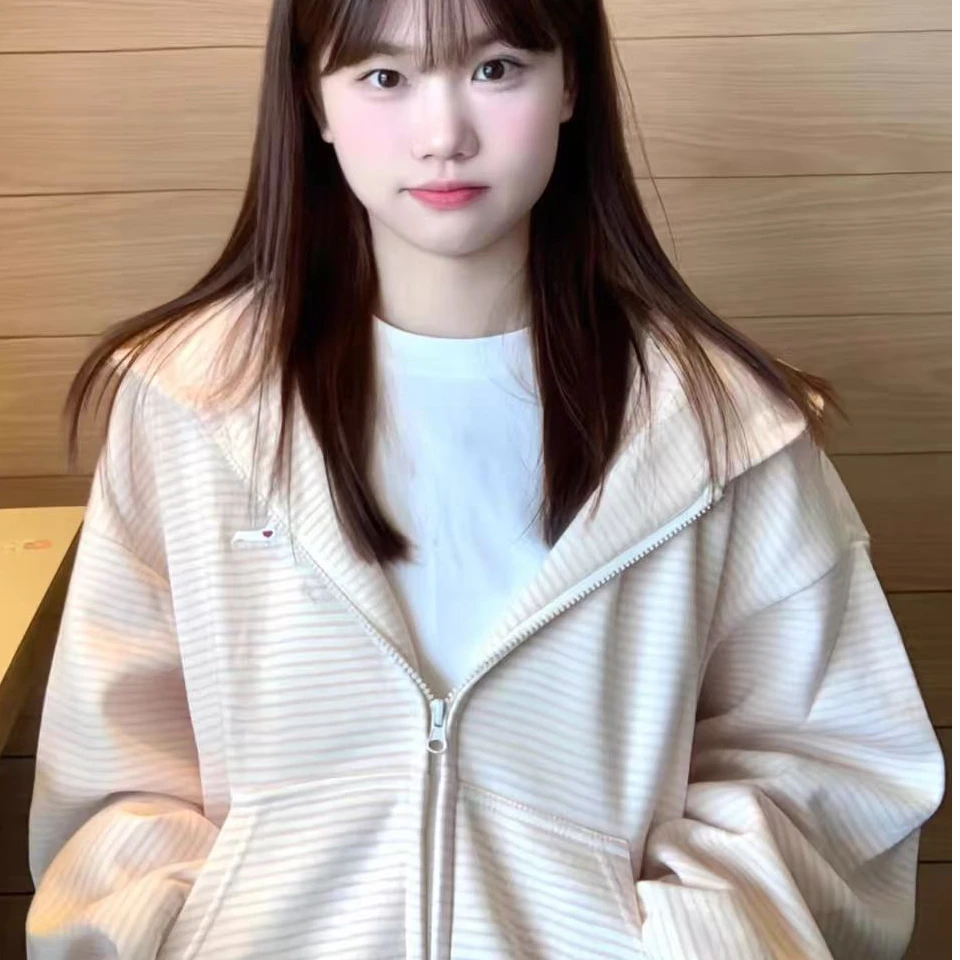 【ZHAP】韩系甜美小狗刺绣条纹连帽卫衣女秋冬新款慵懒宽松开衫外套