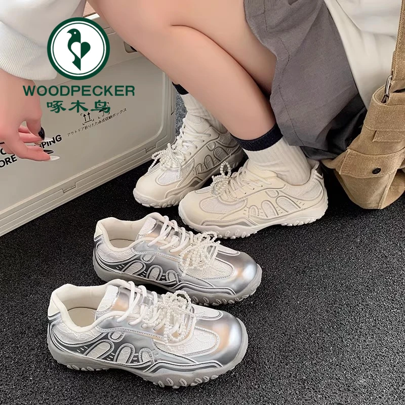啄木鸟芭蕾银色德训鞋女鞋2025新款阿厚底甘鞋子老爹鞋潮流运动鞋