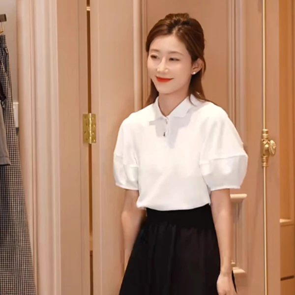 多娜女装同款法式气质娃娃袖T恤短袖女2025春季极简风POLO领上衣