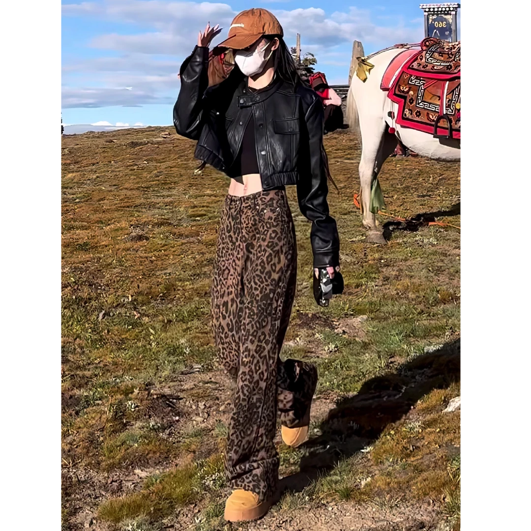 美式复古咖棕豹纹垂感牛仔裤女2025秋冬新款高腰宽松休闲阔腿裤子