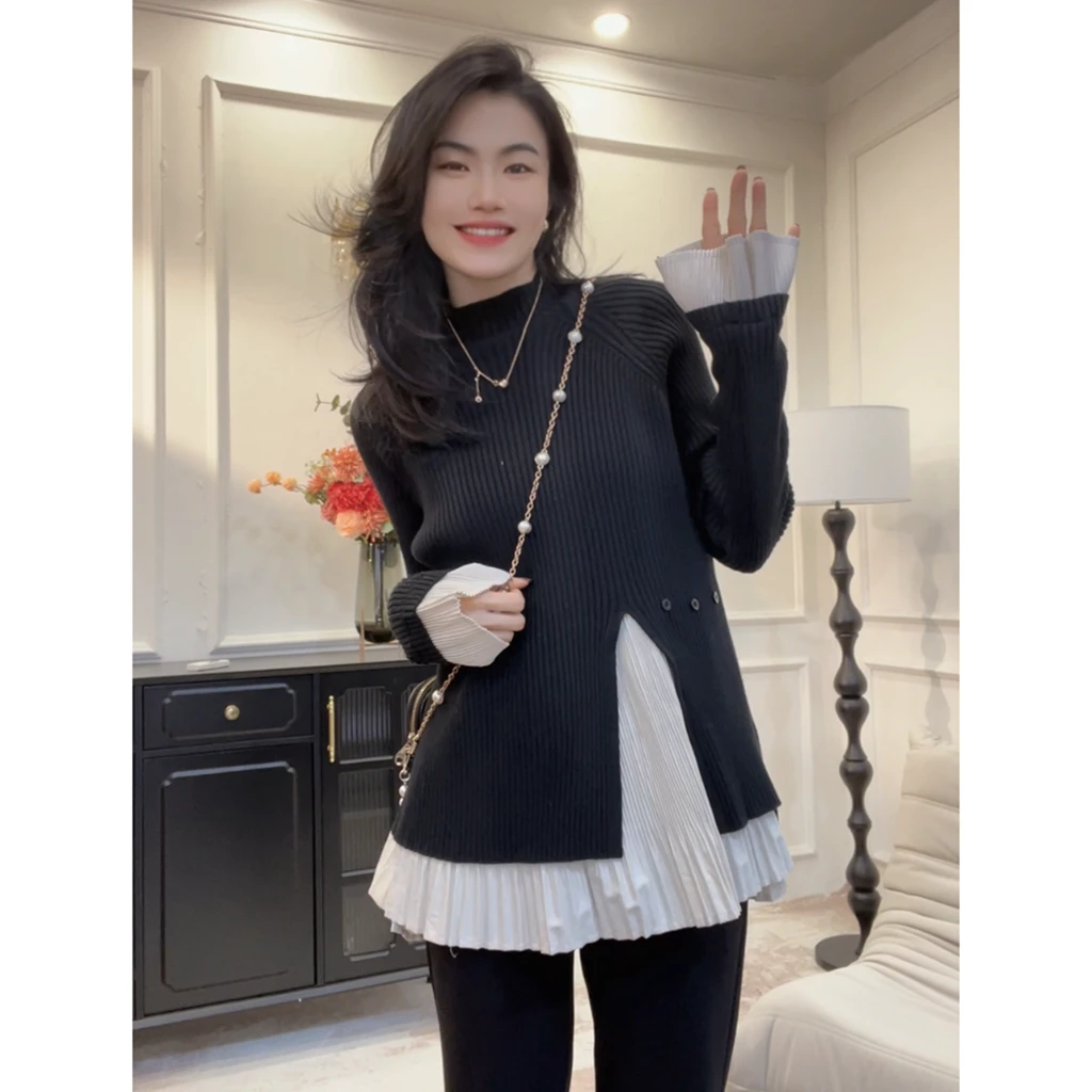 【精致加倍】小众设计感褶皱衬衫拼接秋冬半高领针织大码显瘦pp