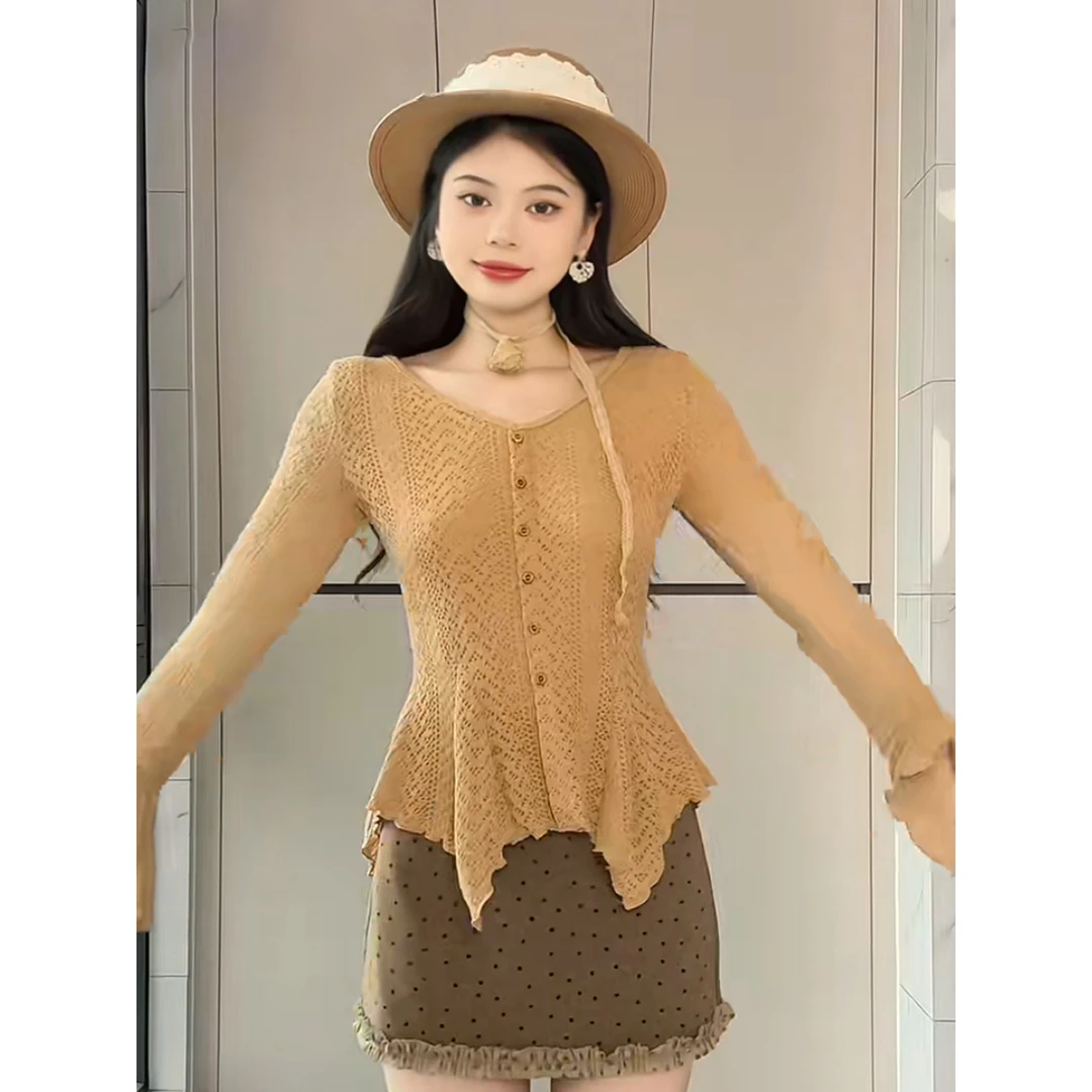卡其色不规则长袖T恤女2025秋巨好看设计感独特漂亮显瘦气质上衣