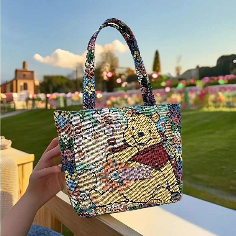 卡通菱格花朵熊手提双面刺绣休闲帆布包时尚百搭手提包民族风便当