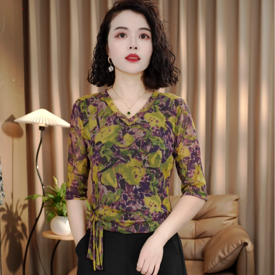 2025夏季新款飘带妈妈装中袖女士小衫印精品上衣