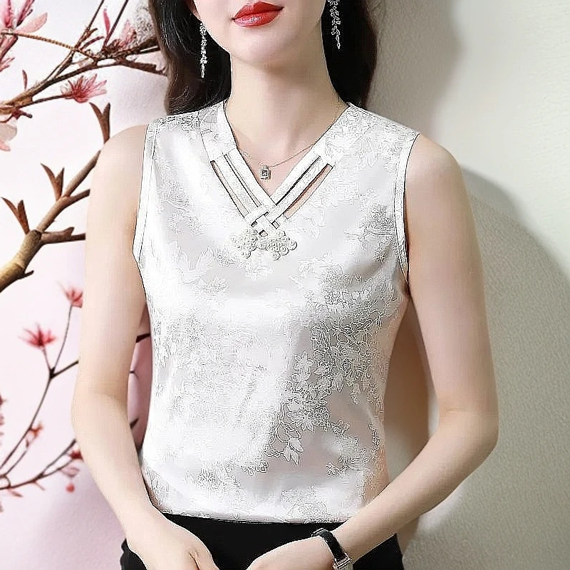 新中式国风背心女外穿夏大码显瘦缎面蕾丝打底衫无袖v领内搭上衣