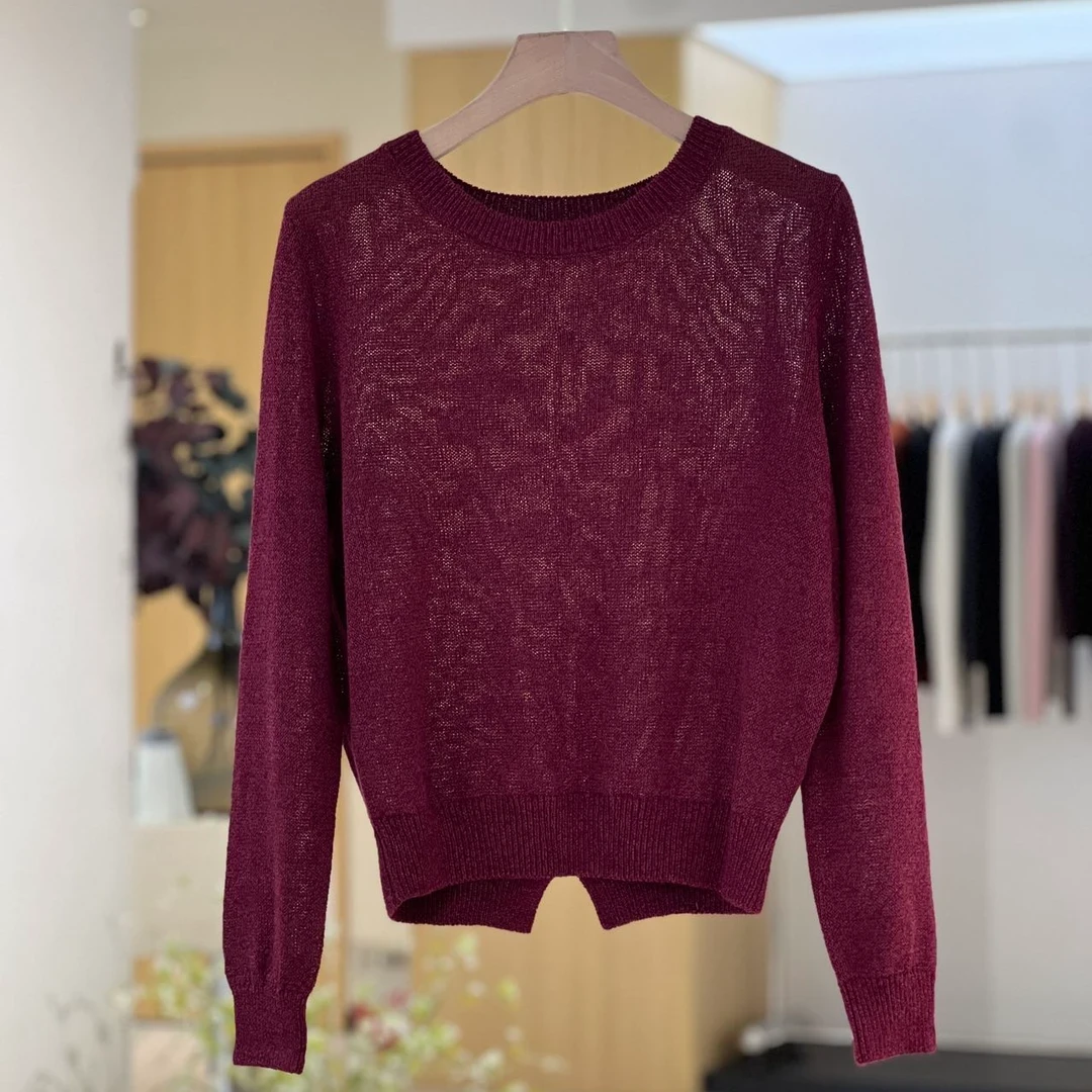 新款设计感纯色针织长袖和纸纱上衣8275