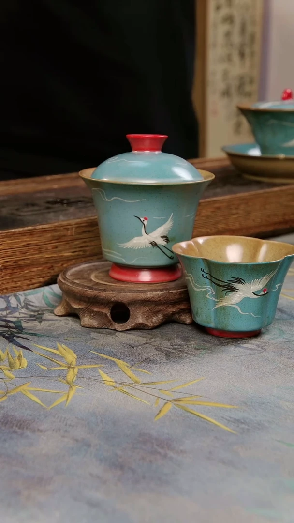 亘古茶具柴烧精品@仙鹤盖碗加一杯