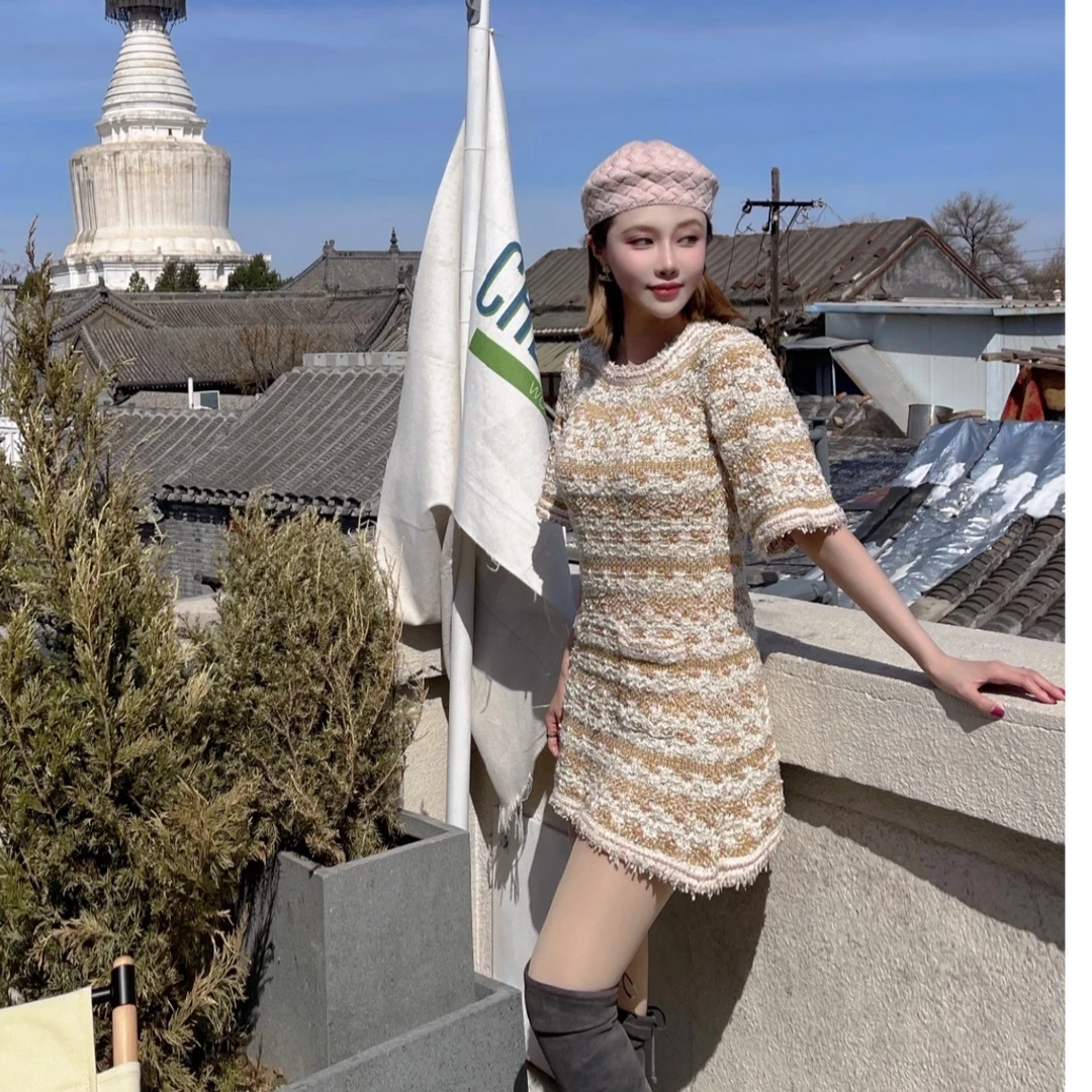 未使用 Chanel/香奈儿 Chanel 针织条纹连衣裙 米黄 /36