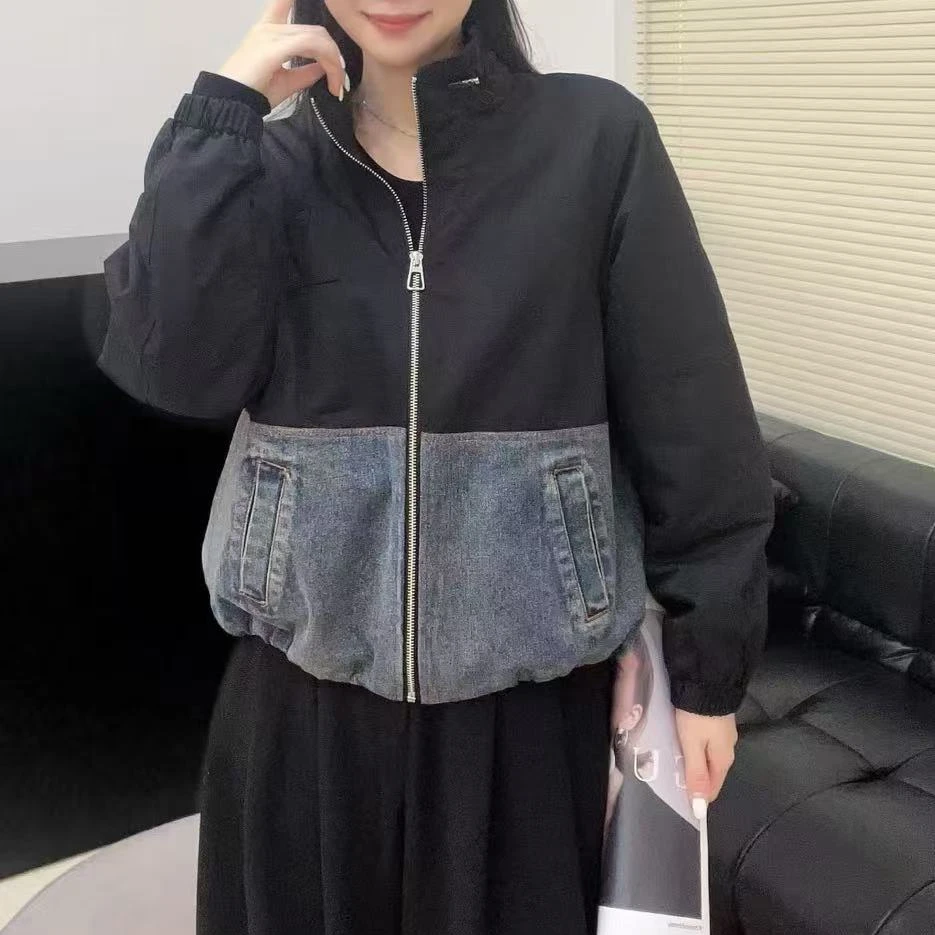 牛仔拼接撞色立领宽松百搭夹棉外套