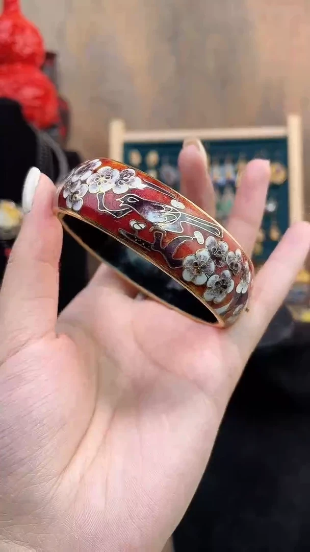 非遗手工景泰蓝开口银蓝镯子红色