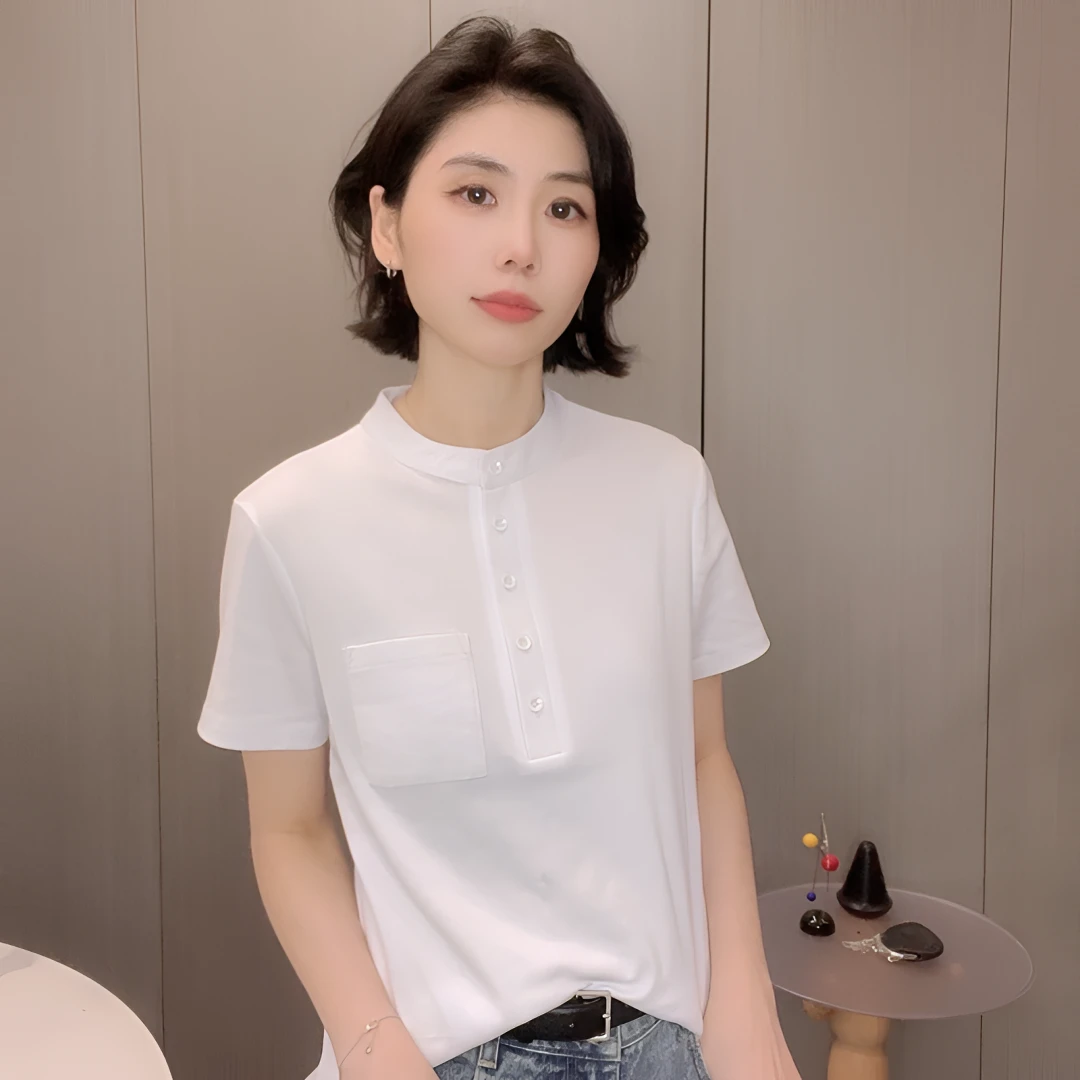 侧口袋短袖T恤衫女2025新款时尚休闲百搭宽松洋气上衣