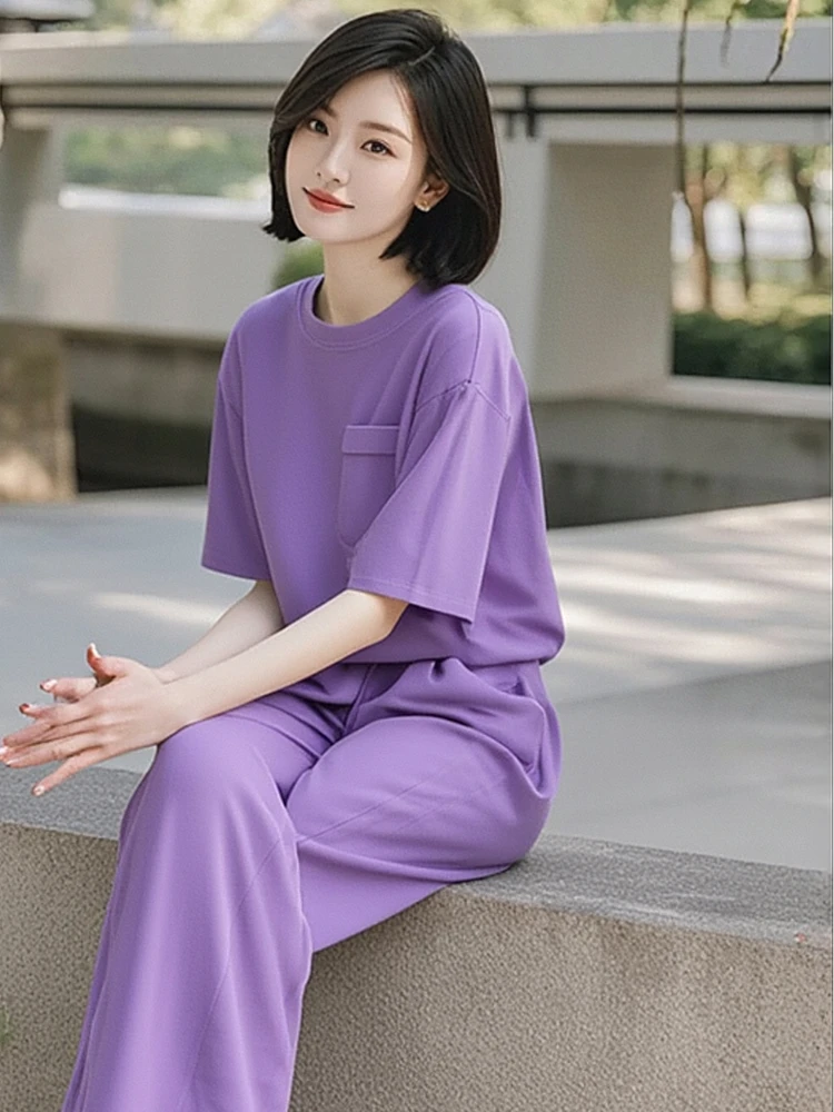 2025年新款夏季短袖显白休闲高级感紫色舒适运动套装时尚宽松舒适