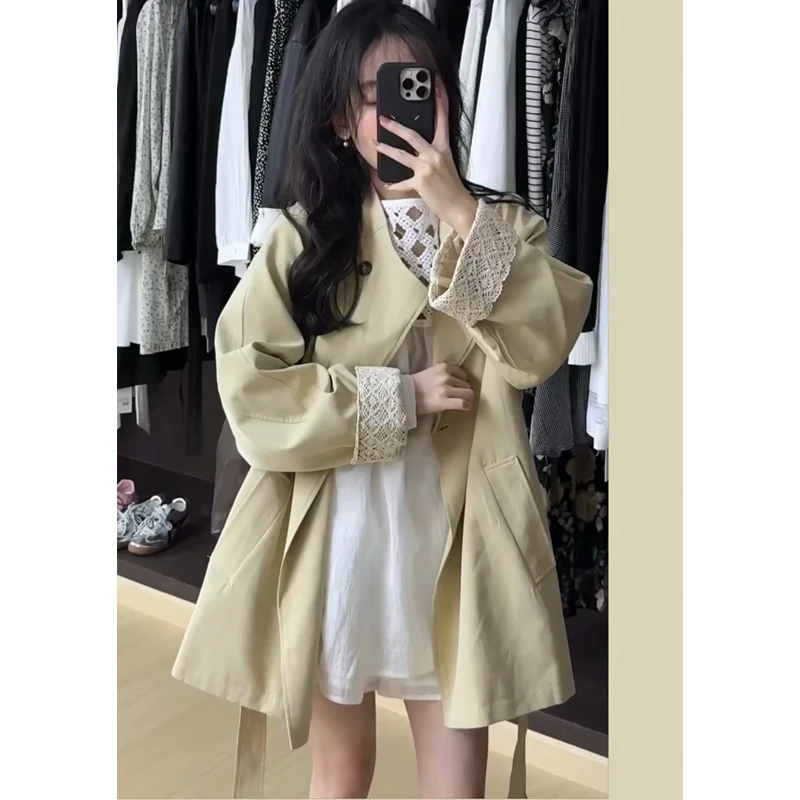 蕾丝拼接袖子立领风衣外套女2025春秋新款小个子高级感超好看上衣