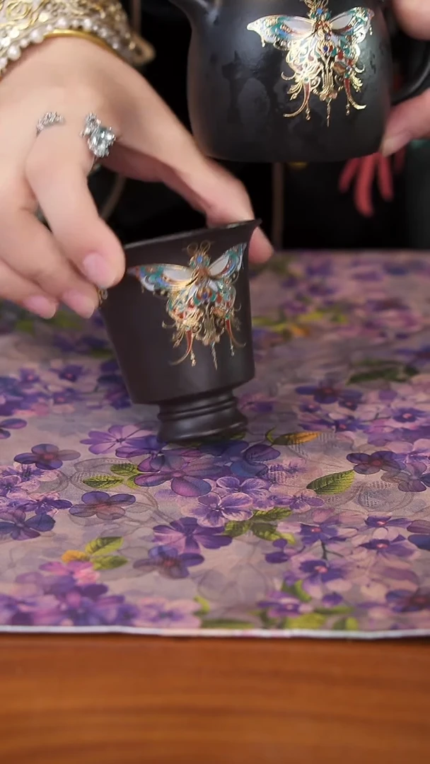 茶壶紫砂珐琅蝴蝶杯