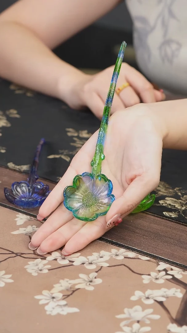 手工艺品琉璃蓝绿色花朵茶匙