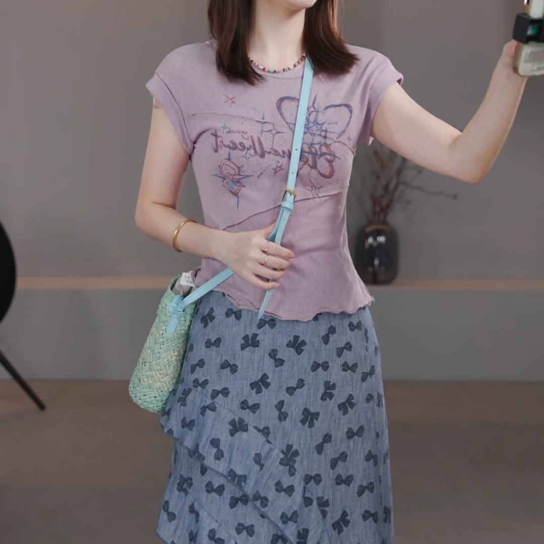 夏装2025年新款复古显瘦薄款气质时尚紫色短袖T恤上衣LK2505029