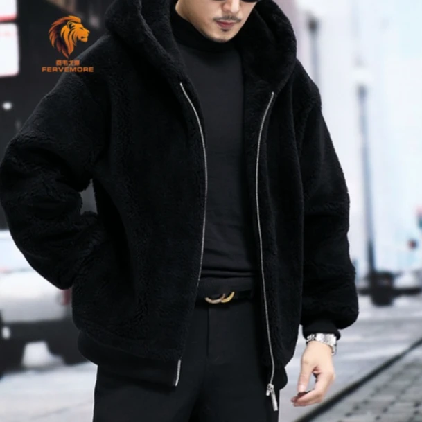 Fervemore费韦戈摩冬宽松连帽羊剪绒皮草大衣羊羔毛皮毛一体外套