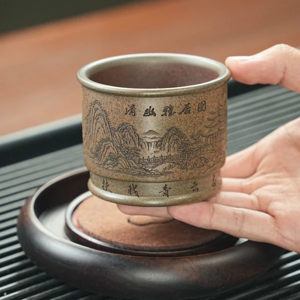 宜兴原矿段泥柴烧手工刻绘清幽雅居图紫砂主人杯 LY
