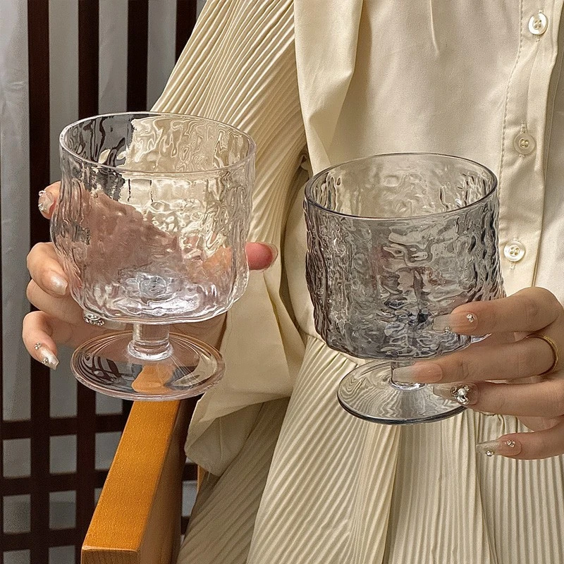 设计感树皮纹高脚杯ins家用玻璃杯咖啡杯果汁杯气泡水杯饮料杯子