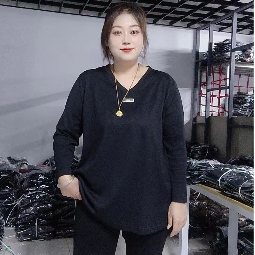 2025新款大码女装宽松显瘦时尚百搭V领打底T桖3012