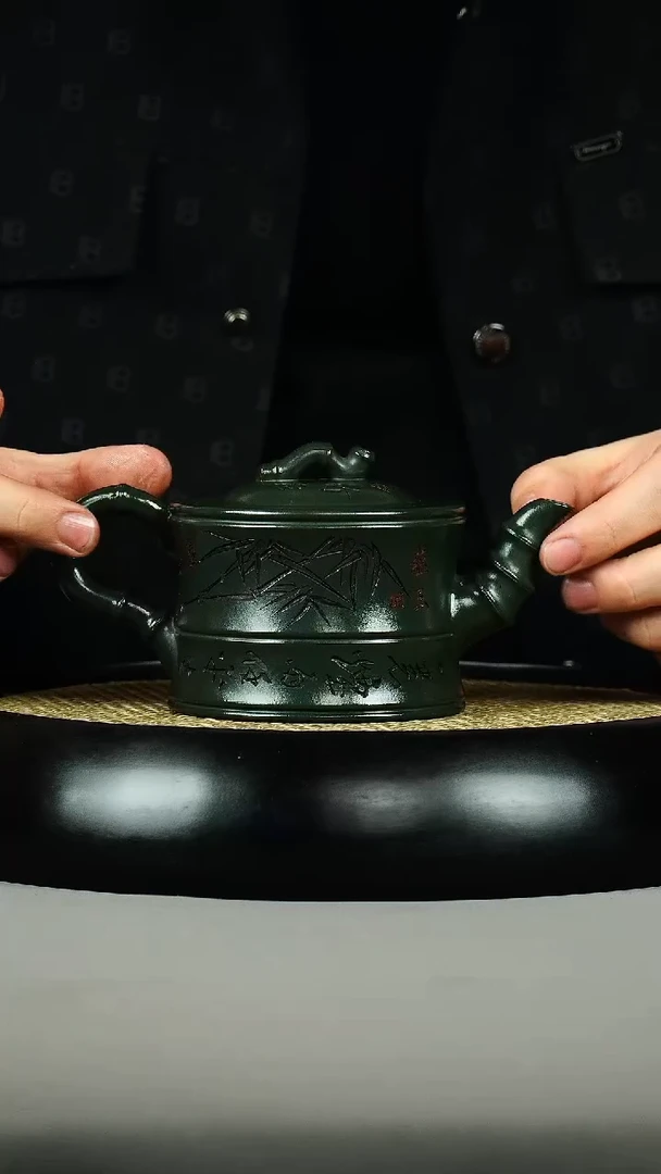 茶壶紫砂九龄君子兰 竹段 刻绘 竹子