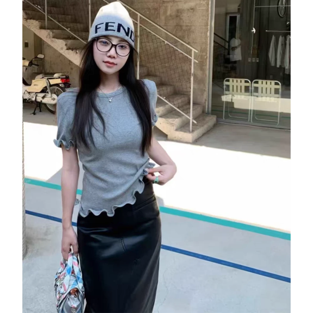 5529欧货小众设计师款木耳波浪边纯色圆领短袖修身T恤上衣打底衫