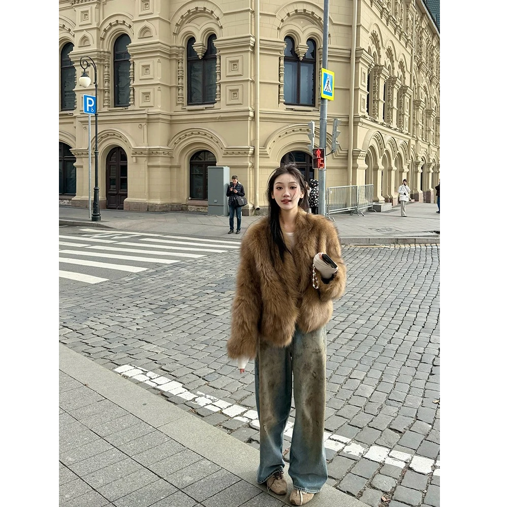 人造皮草 秋冬新款狐狸毛美拉德风短款时尚年轻款环保毛毛外套女