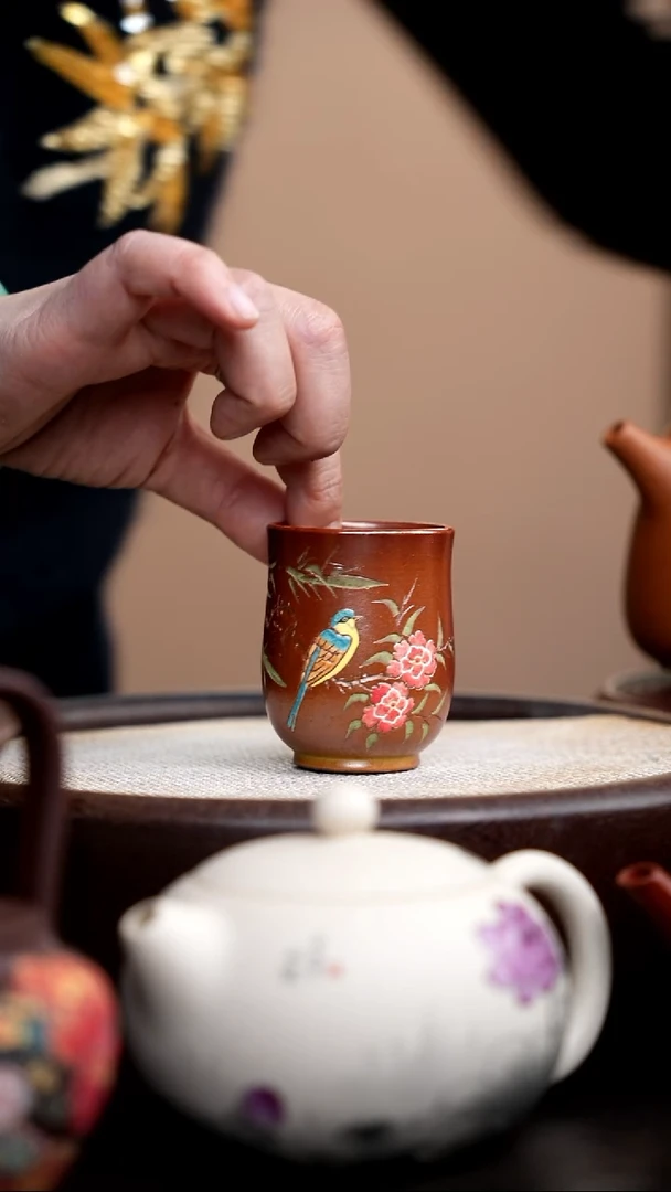 茶壶紫砂柴烧收腰杯彩刻蓝鸟