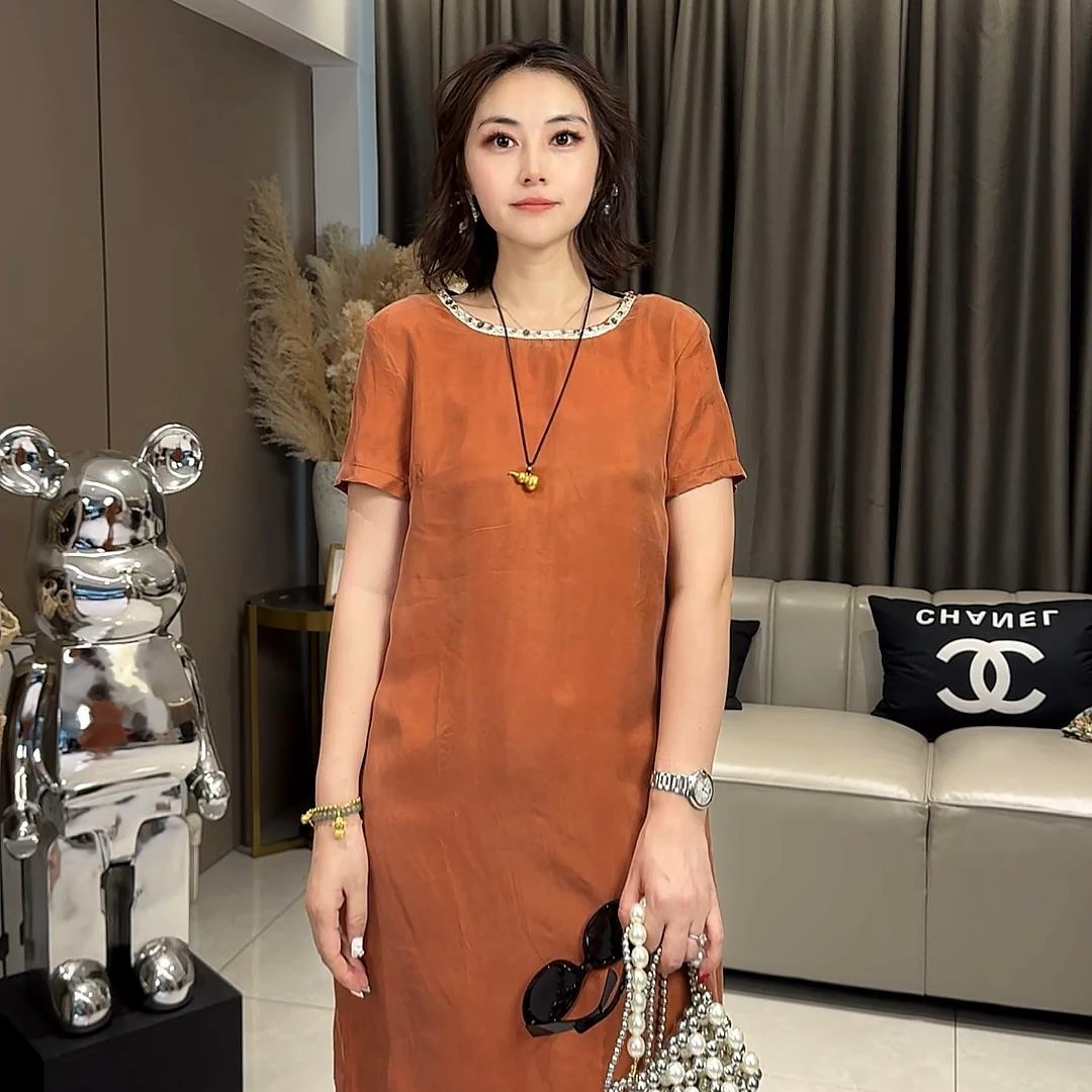 宽松纯色气质休闲休闲风连衣裙圆领中长款夏季圆领显瘦时尚百搭