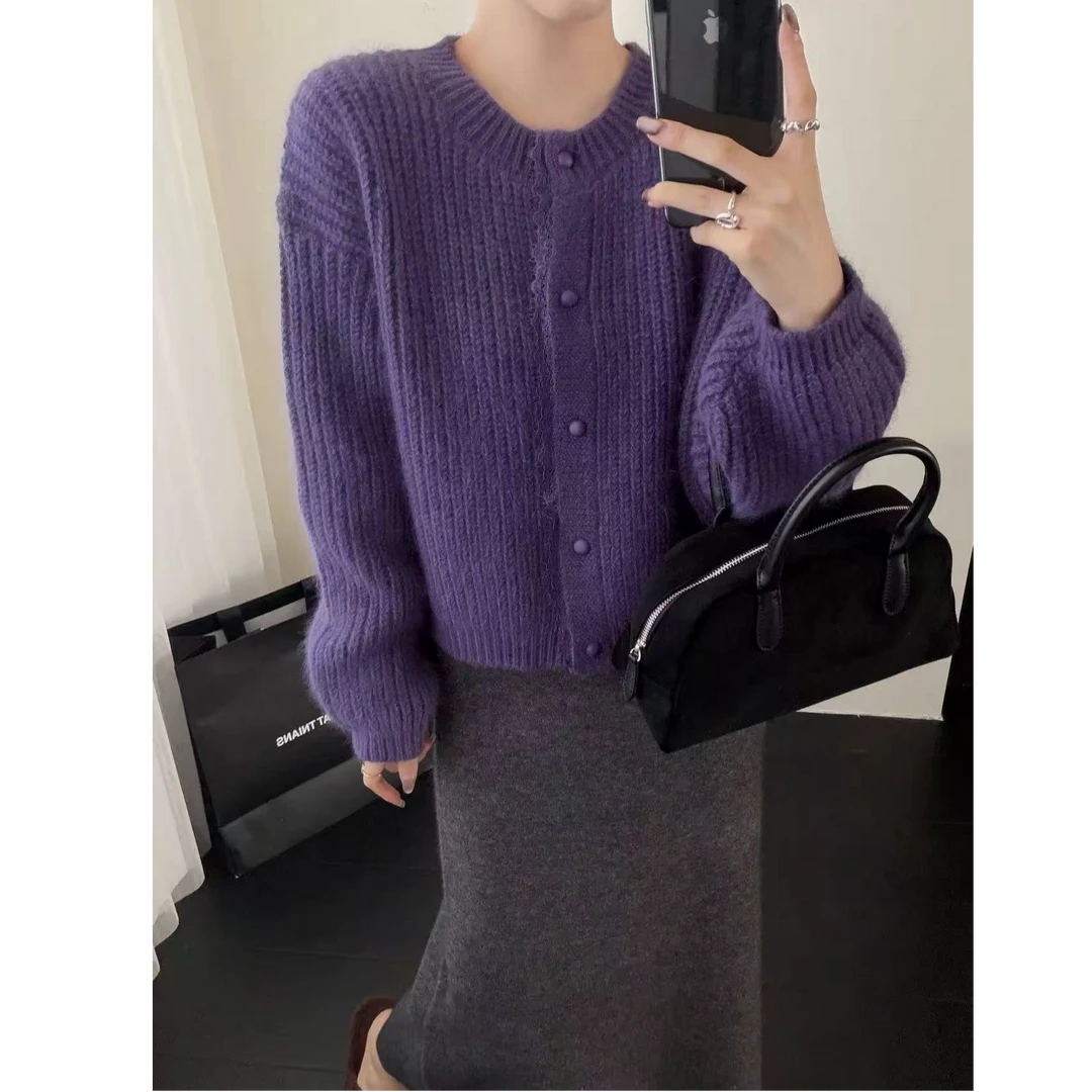 【运费补贴】蕾丝紫色加厚大扣子秋冬新款长袖宽松韩版针织衫毛衣女